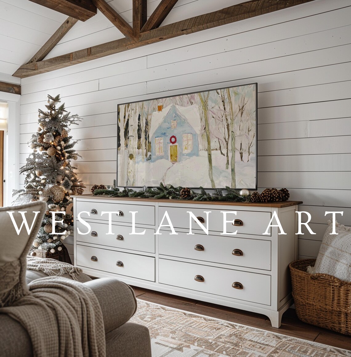 Winter Cottage Blue House Red Wreath Snowy Birch Woods Art Print - Image 4