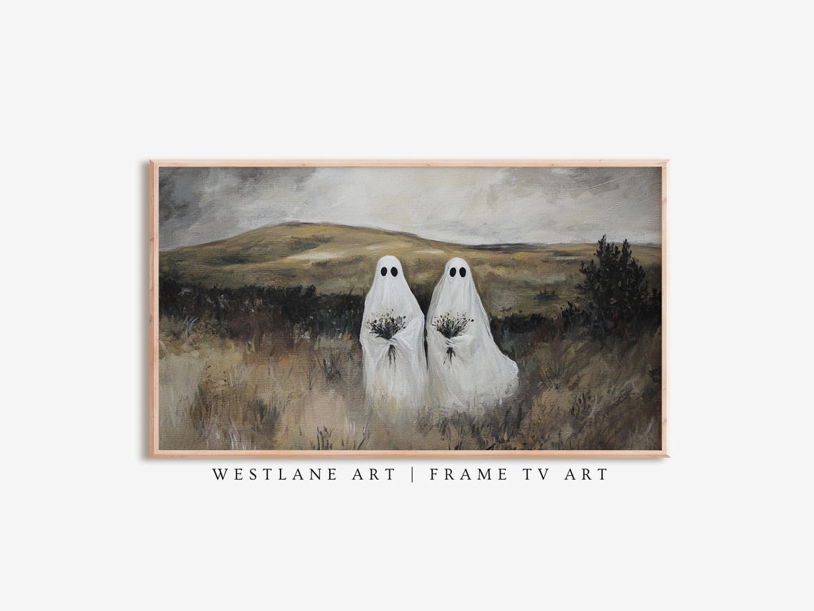 Two Cute Ghosts In Autumn Field Cute Halloween Ghost Painting Wall Art