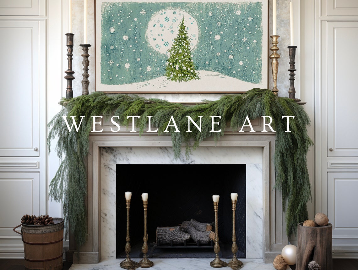 Teal Christmas Eve Vintage Postcard Tree Under Moon Art Poster - Image 2