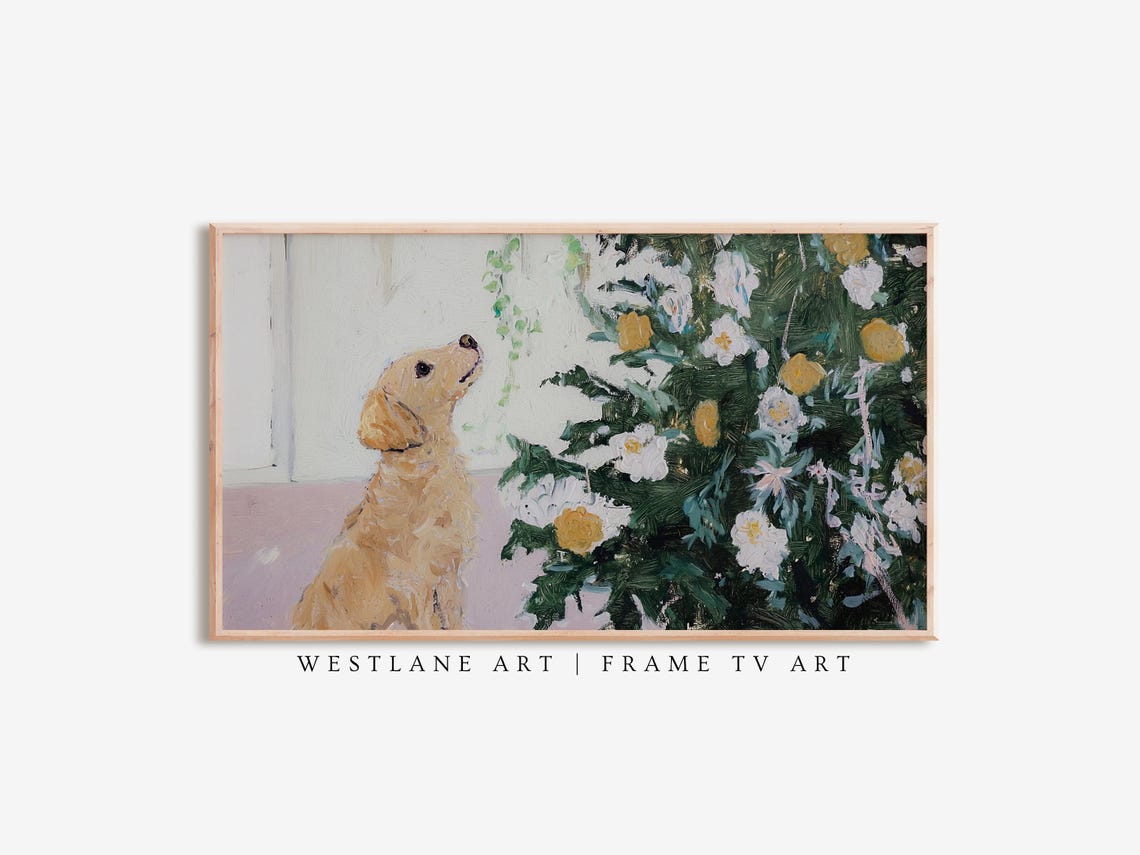 Golden Retriever Puppy With Christmas Tree Cottagecore Painting Poster