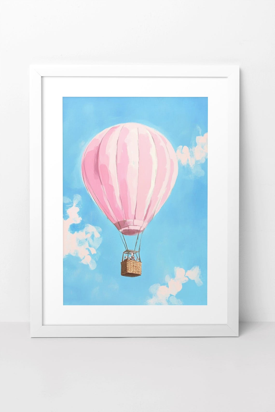 Pink Hot Air Balloon Drifting In Bright Blue Sky Nursery Poster