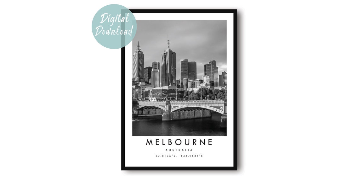 Melbourne Skyline Black And White Travel Photography Wall Art
