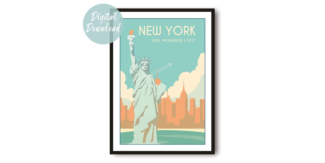 New York Statue of Liberty Manhattan Skyline Retro Travel Poster