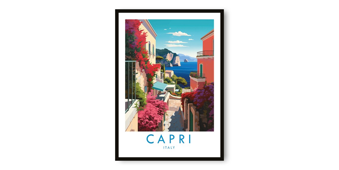 Capri Italy Travel Poster Bougainvillea Street Sea Cliffs Coast Art