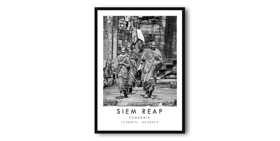 Siem Reap Cambodia Black and White Monks Temple Travel Poster