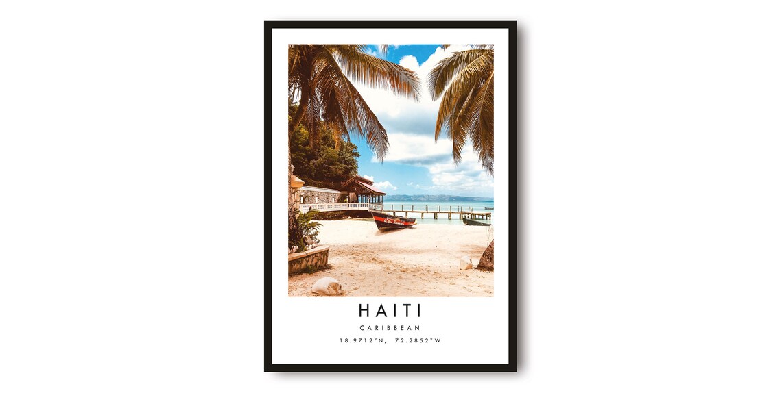 Haiti Caribbean Beach Palms and Colorful Fishing Boats Poster