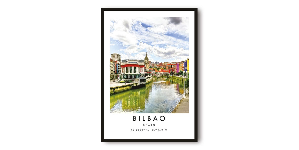 Bilbao Spain Travel Photo Riverfront Architecture Coordinates Poster