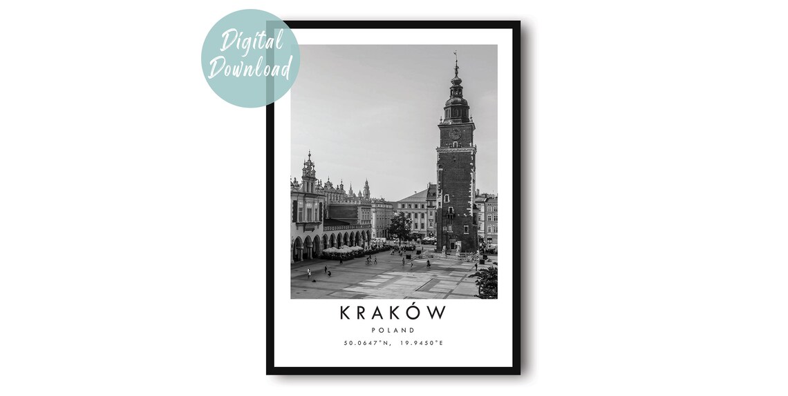 Krakow Main Market Square Town Hall Tower Black and White Poster