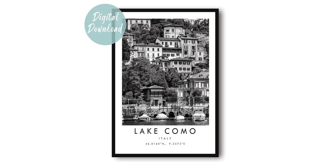 Lake Como Italy Black And White Lakeside Village Photo Poster