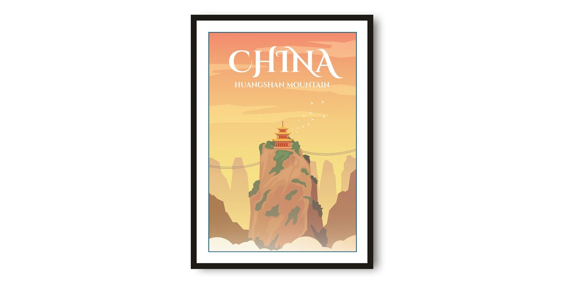 Huangshan Mountain China Pagoda Peak Golden Sunrise Art Poster