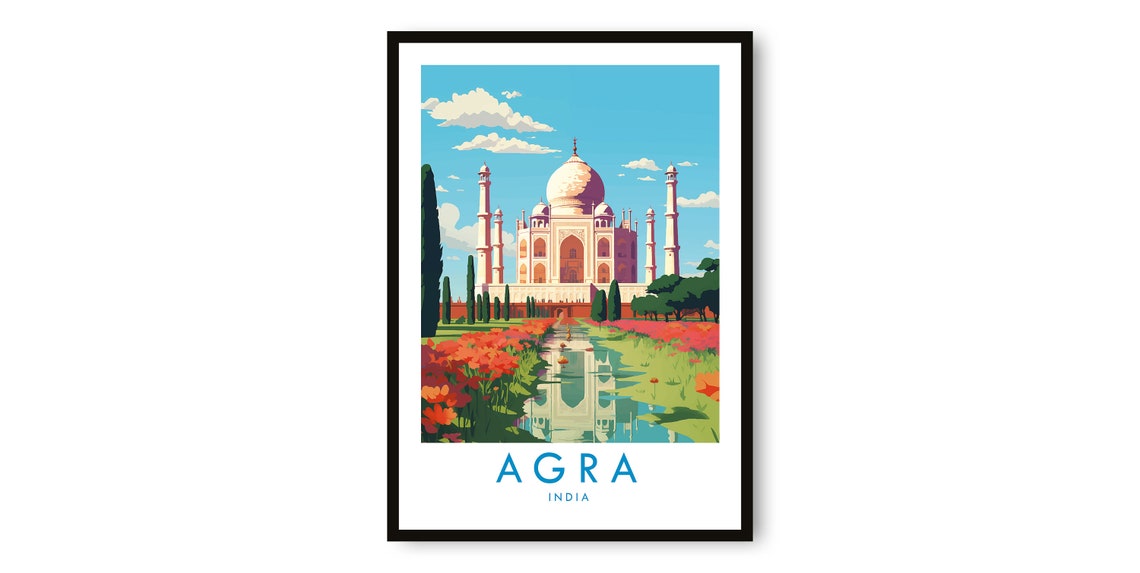 Agra India Taj Mahal Reflection Gardens Mughal Travel Poster