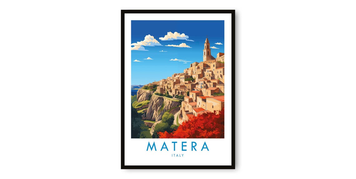 Matera Italy Cliffside Stone Town Cathedral Vintage Travel Poster