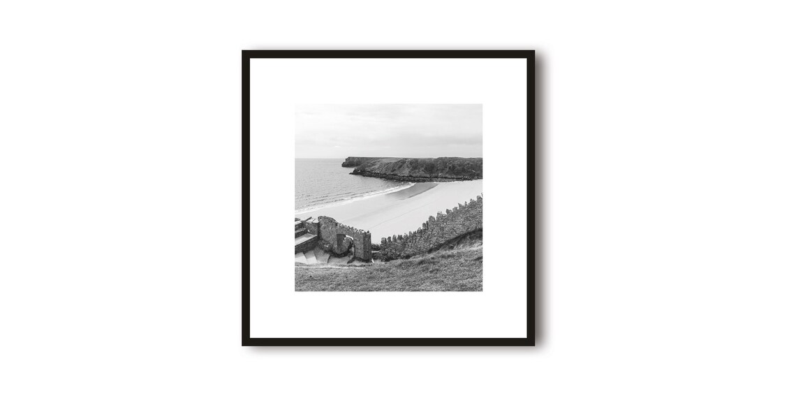 Barafundle Bay Beach and Rocky Headland Black White Photo Poster