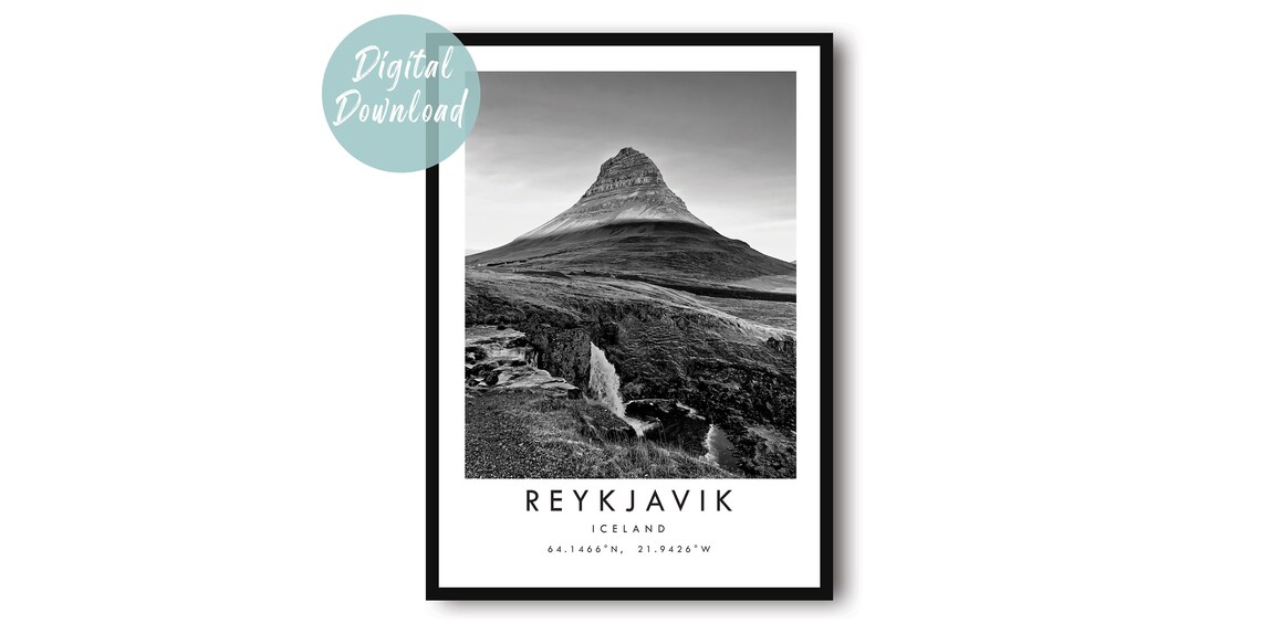 Reykjavik Iceland Waterfall Mountain Black White Photo Poster