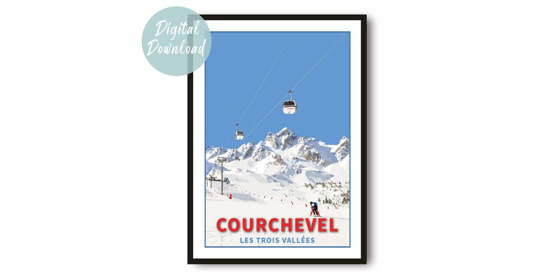Courchevel France Retro Ski Cable Car Over Snowy Peaks Poster