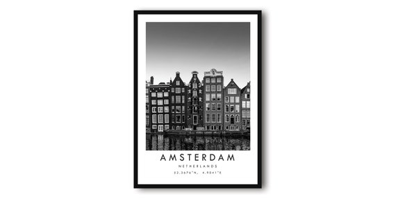 Amsterdam Travel Poster, Black And White Minimalist