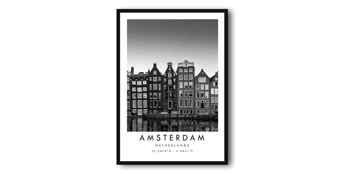 Amsterdam Travel Poster, Black And White Minimalist