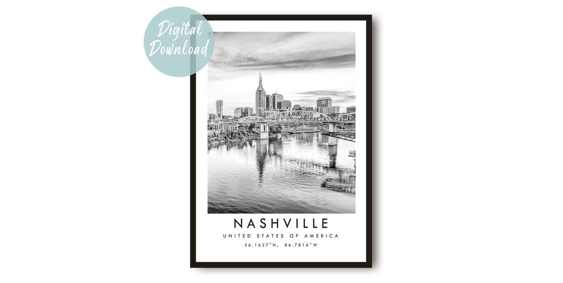 Nashville Skyline River Bridge Black And White Travel Poster