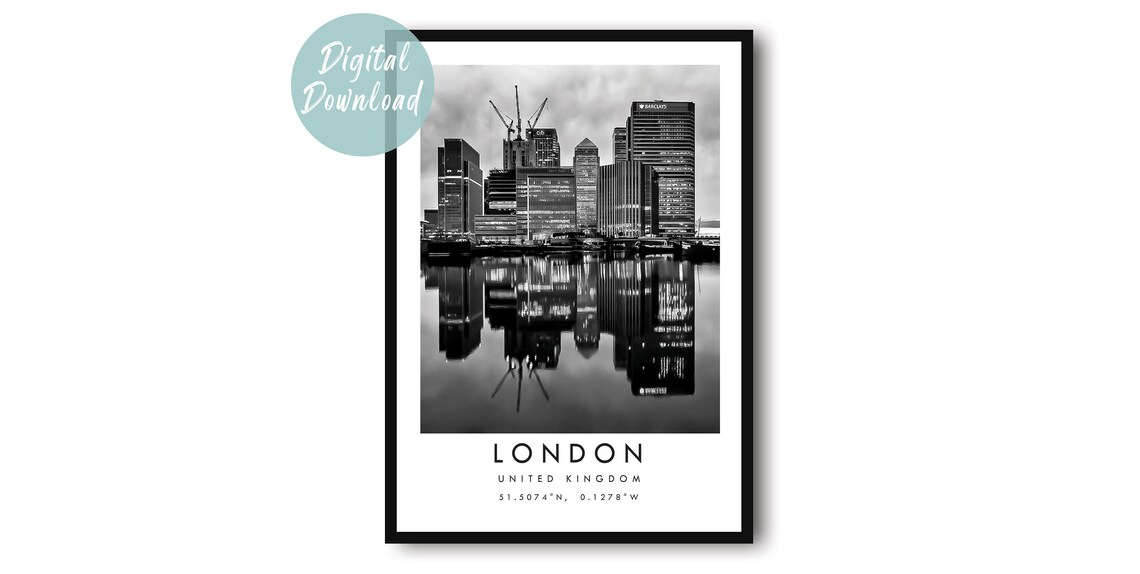 Canary Wharf London Skyline Reflected in Water Black and White Poster