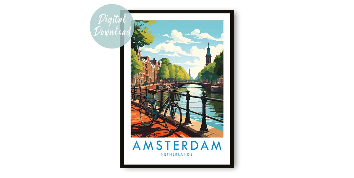 Amsterdam Canal with Bicycle Netherlands Retro Travel Poster