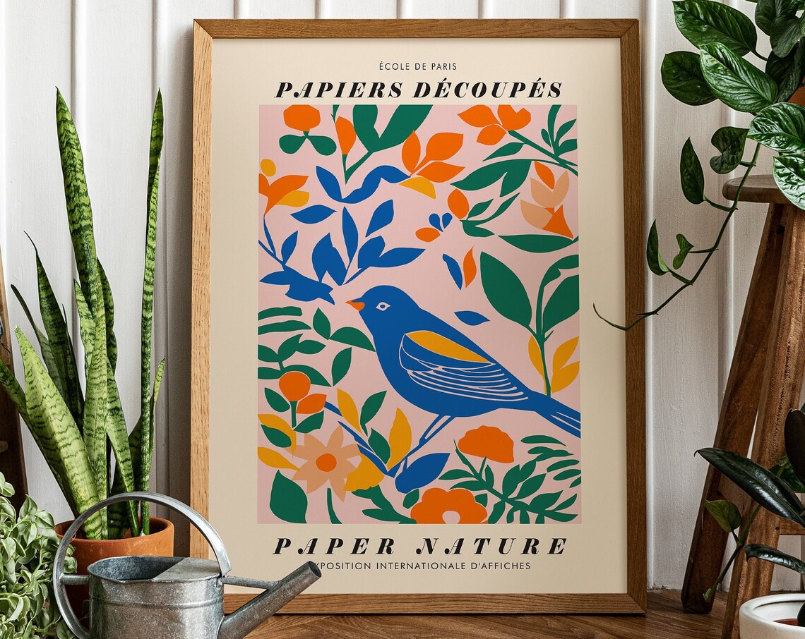 Papiers Decoupes Ecole de Paris Blue Bird Floral Nature Poster