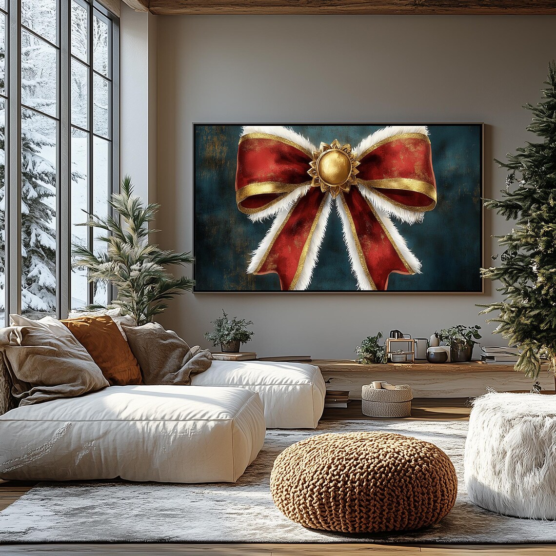 Red Velvet Christmas Bow with Gold Trim on Dark Teal Holiday Poster - Image 4
