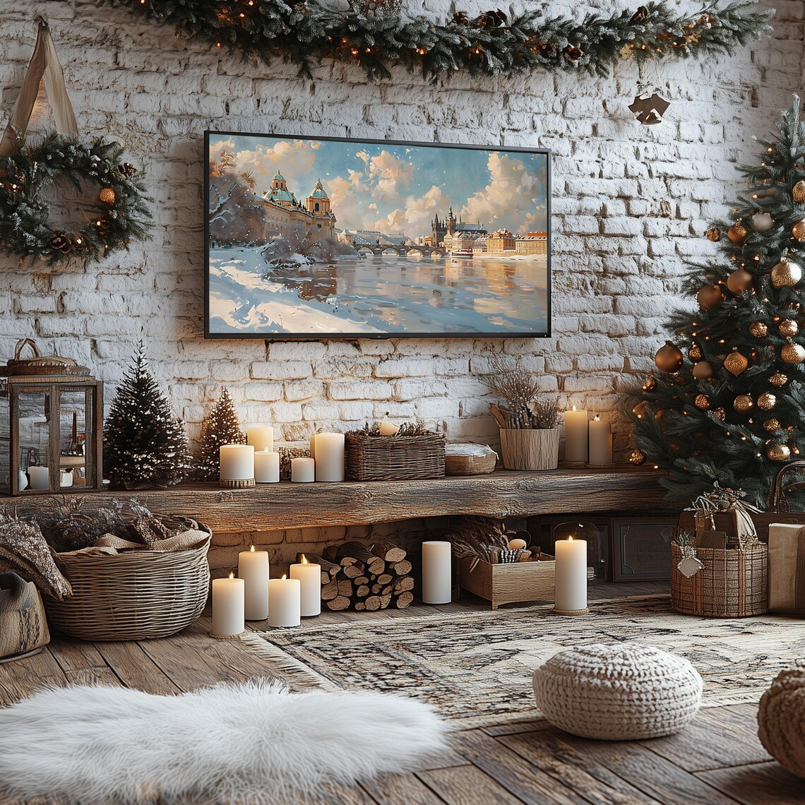 Winter Glow Over Pragues Charles Bridge Snowy Vltava River Frame TV Poster - Image 3