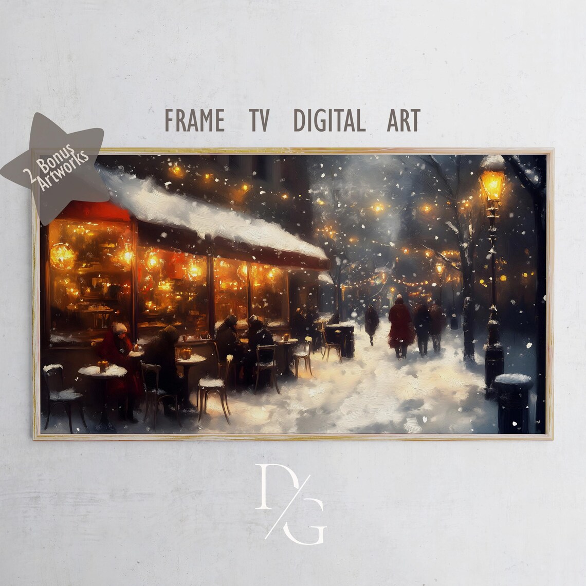 Cozy Cafe in Winters Embrace Snowy Night Street Warm Lights Frame TV Poster - Image 5