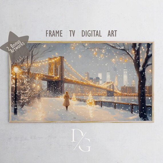 Snowy New York City Brooklyn Bridge at Night Frame TV Poster