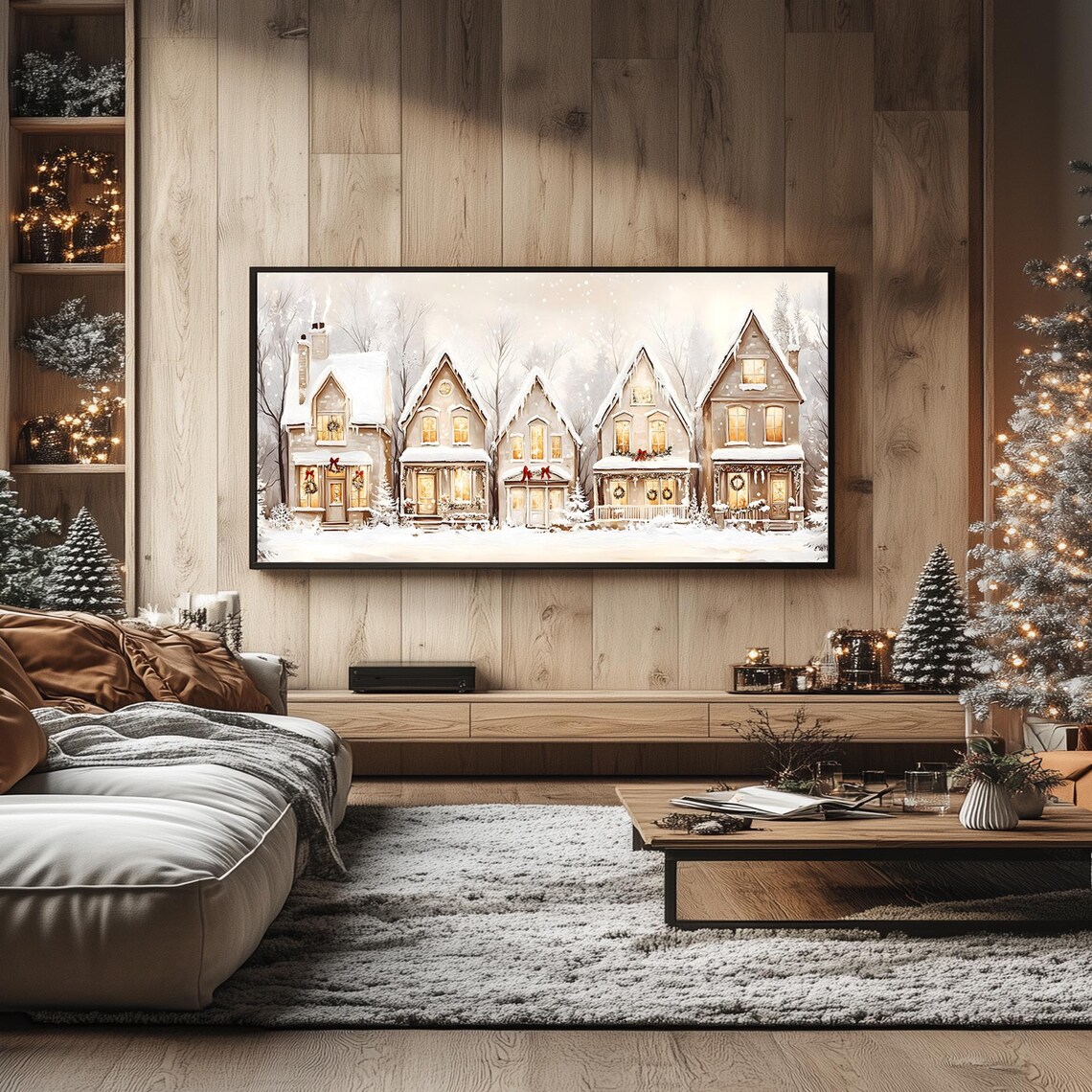 Holiday Hearth Row Snowy Christmas Cottages Glowing Windows Frame TV Poster - Image 4