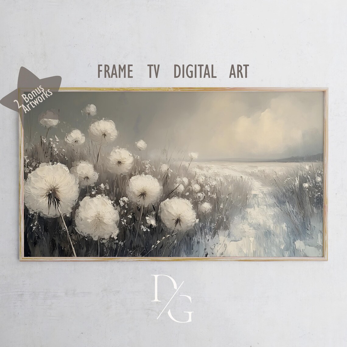 White Wildflowers Winter Field Misty Botanical Painting Frame TV Poster - Image 5