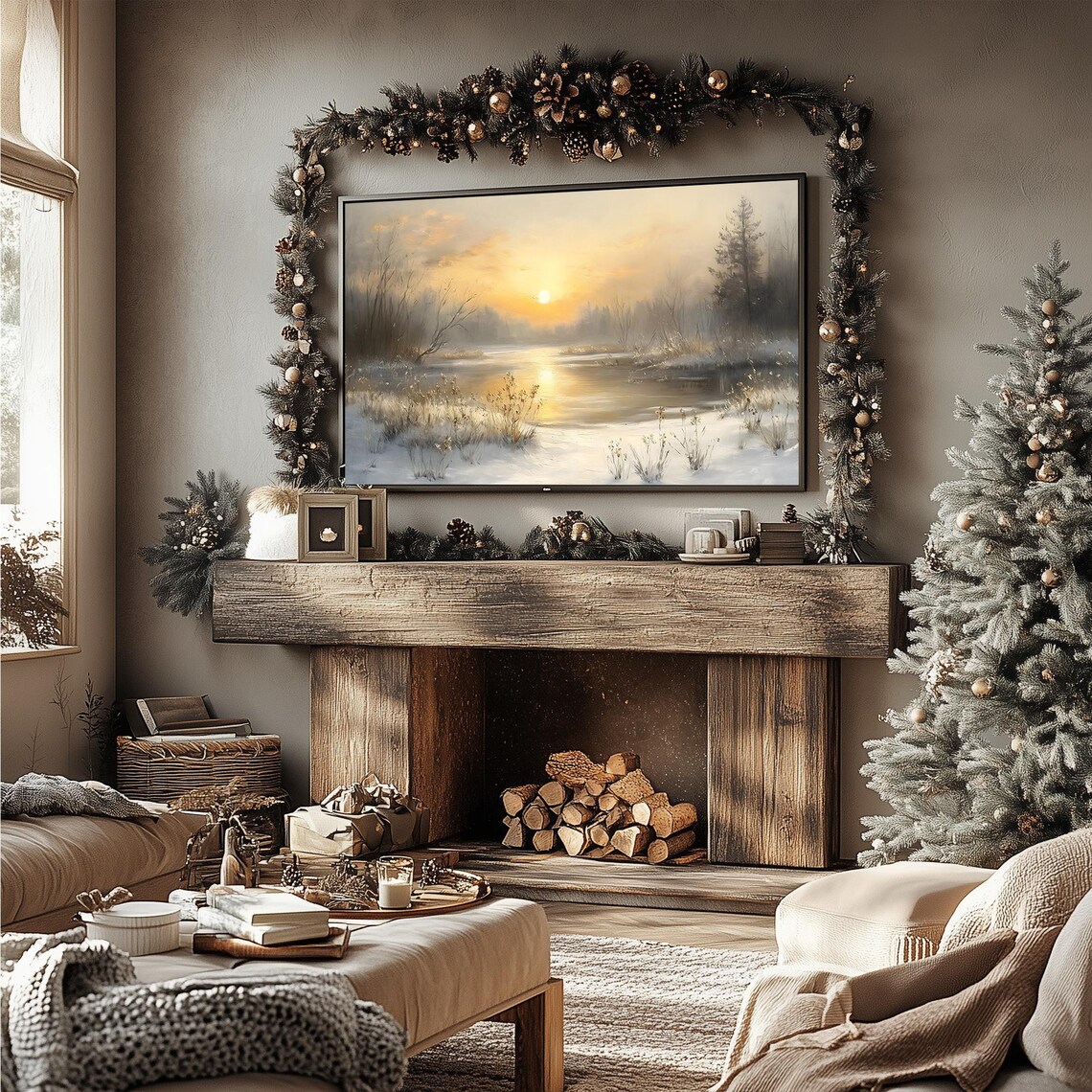 Winter Sunrise Over Misty Snowy River Golden Light Landscape Frame TV Poster - Image 3