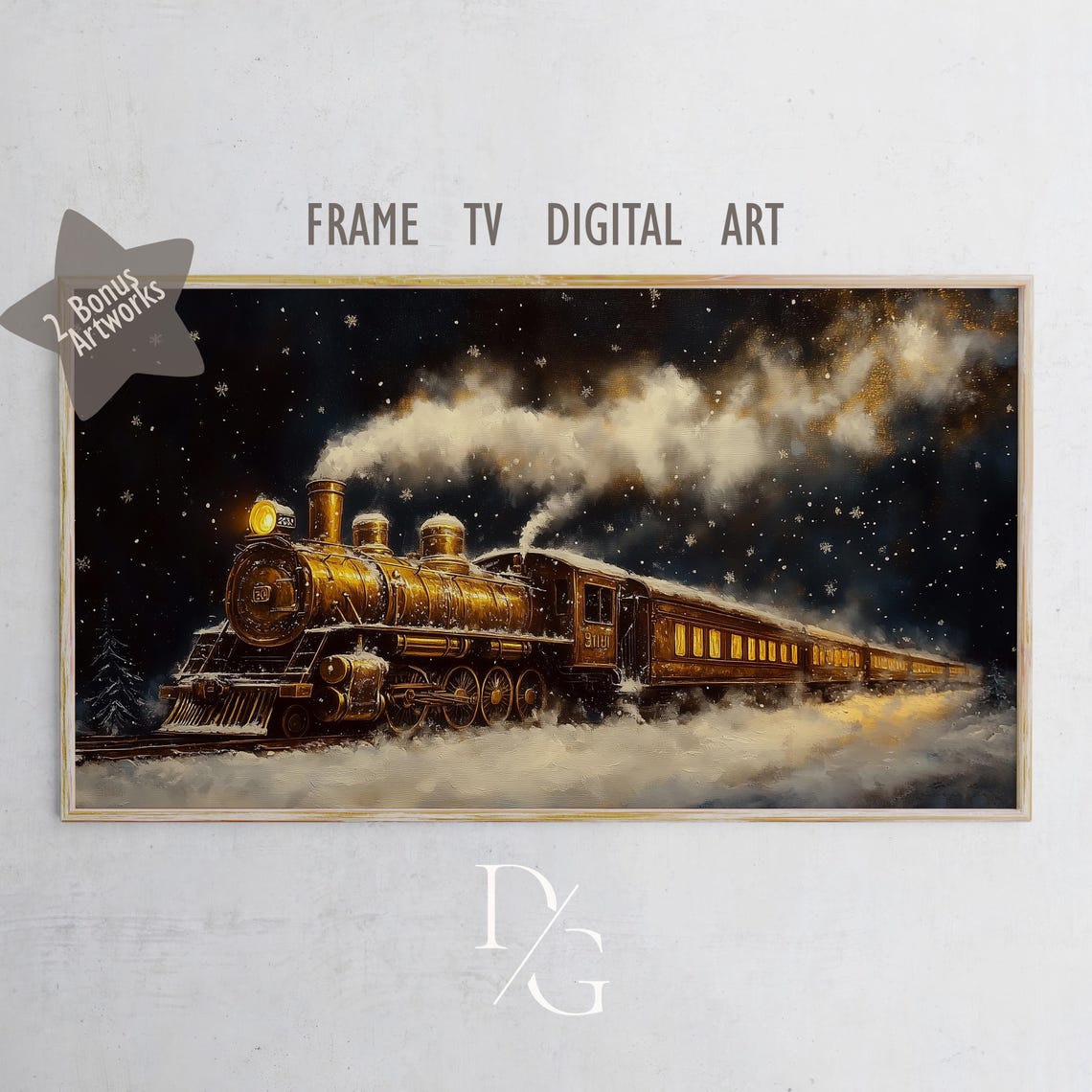 Golden Steam Train Christmas Night Snowy Winter Scene Frame TV Poster - Image 5