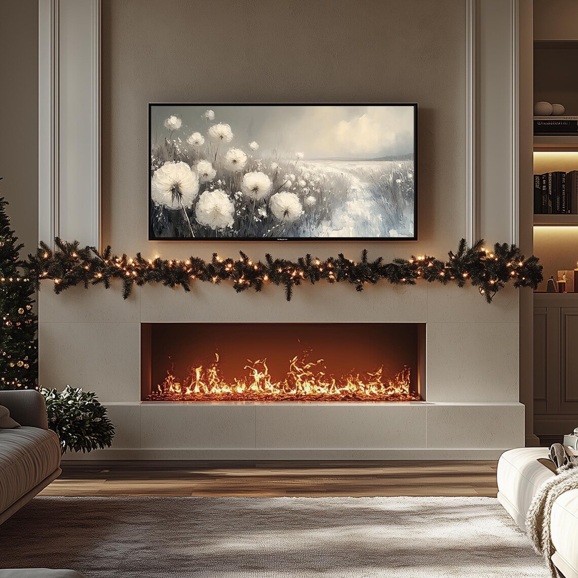 White Wildflowers Winter Field Misty Botanical Painting Frame TV Poster - Image 4