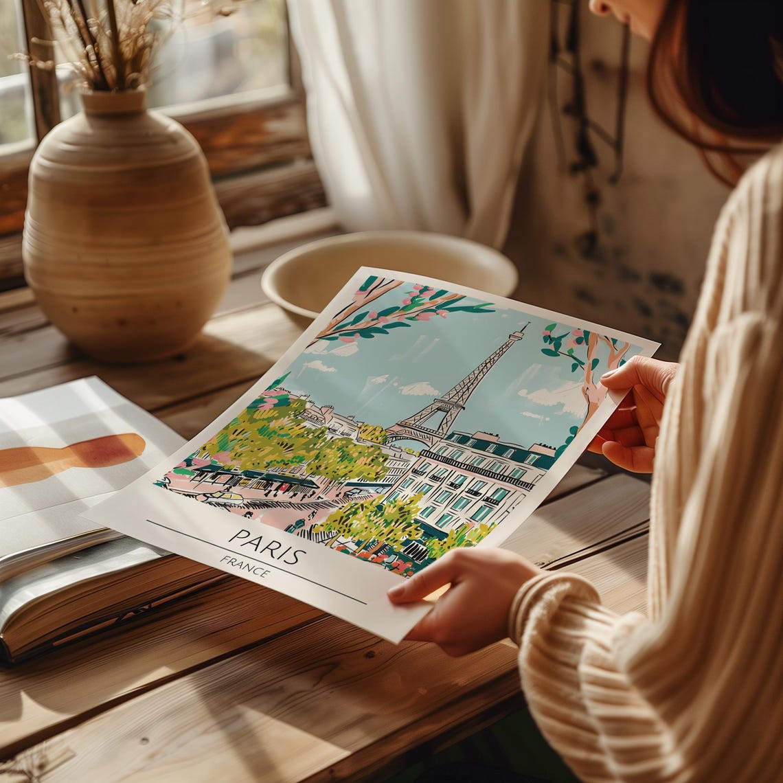 Paris France Eiffel Tower Spring Blossom Boulevard Illustration Poster - Image 3