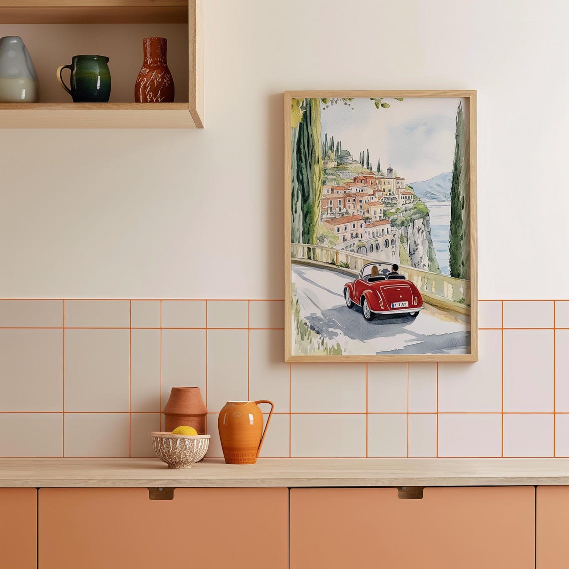Amalfi Coast Red Vintage Convertible Cliff Road Italy Poster - Image 3