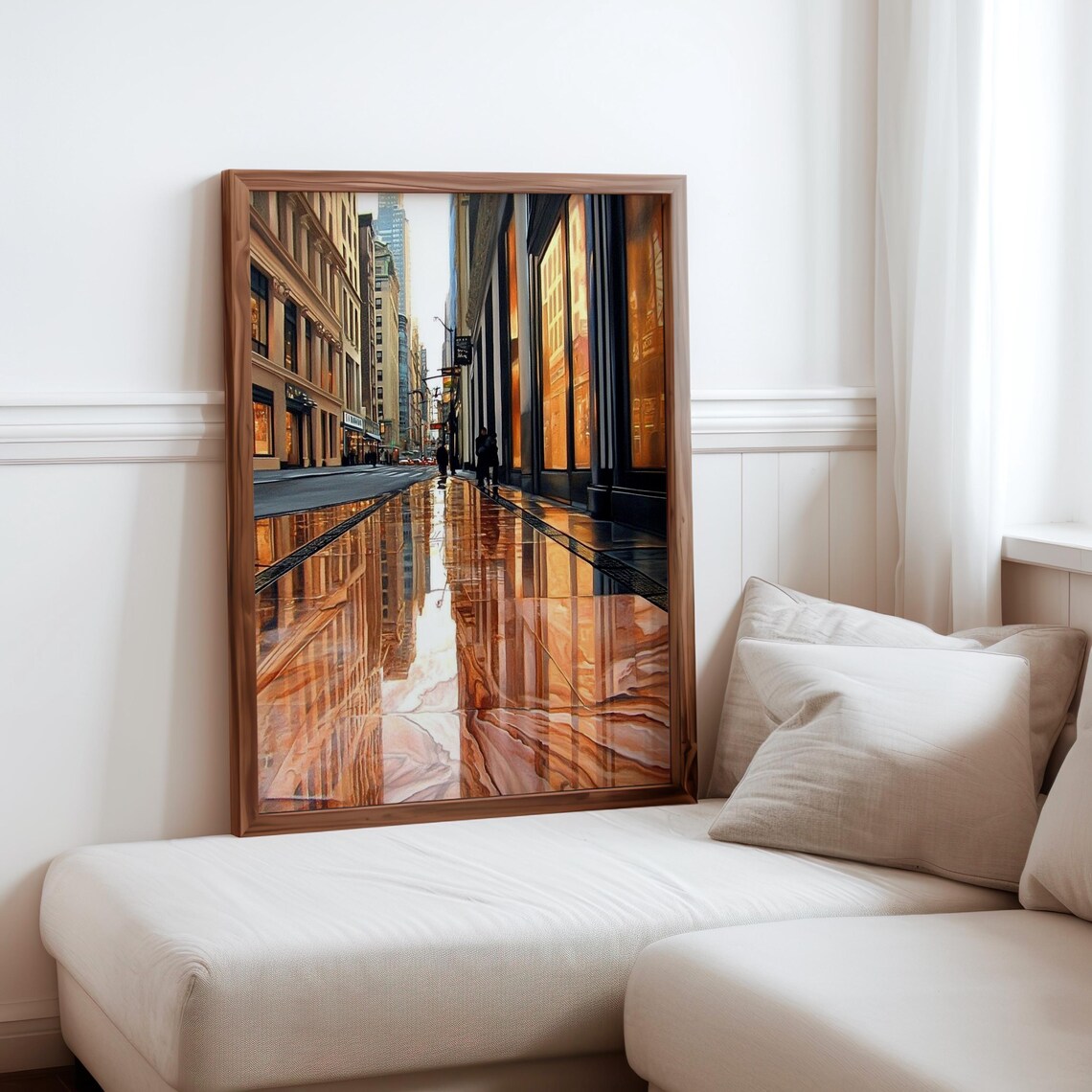 Photorealistic Dusk Street Wet Pavement Orange Storefront Glow Poster