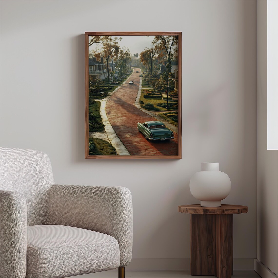 Golden Hour Brick Suburban Street Teal Vintage Sedan Art Poster - Image 2
