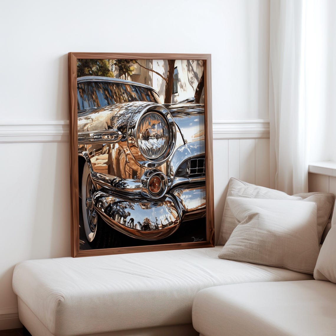 Vintage Chrome Sedan Headlight Bumper Whitewall Tire Auto Poster