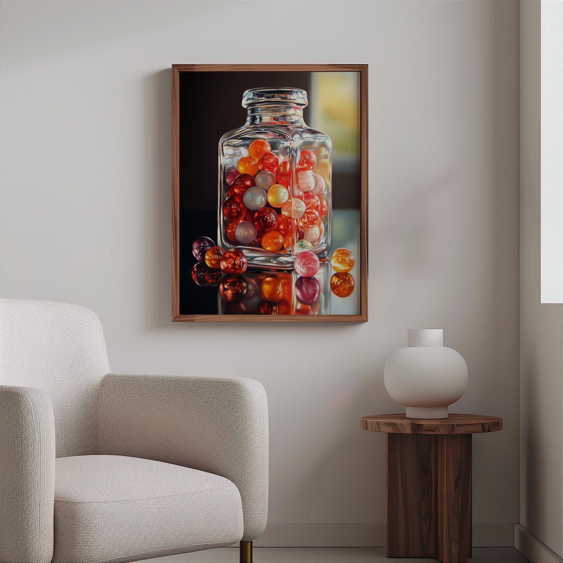Glass Bottle Red Orange Marbles Dark Reflective Photorealism Poster - Image 2