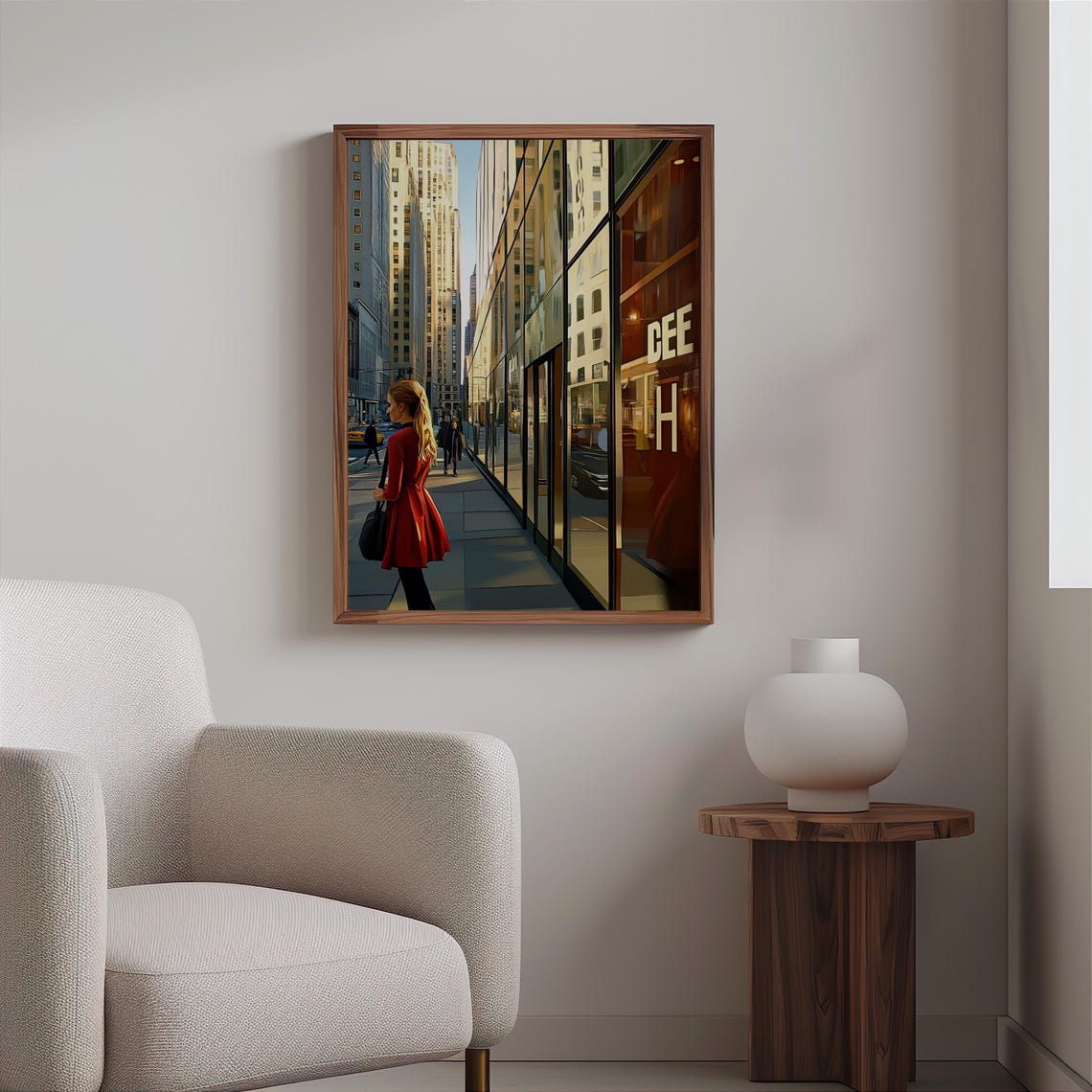 Woman Red Coat Glass Skyscraper Reflections City Sidewalk Art Poster - Image 2