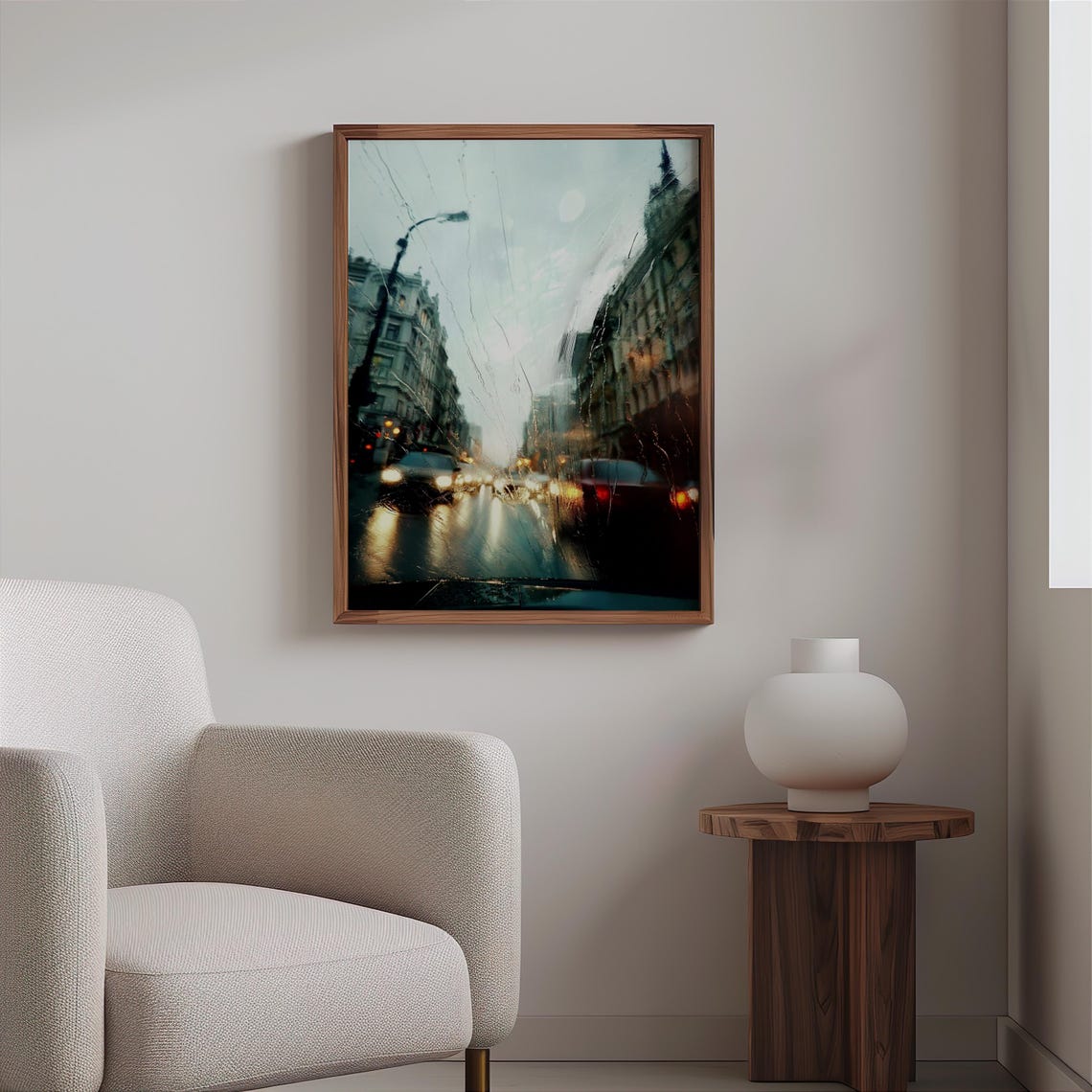 Rain Streaked Windshield View City Street Headlights Night Art Poster - Image 2
