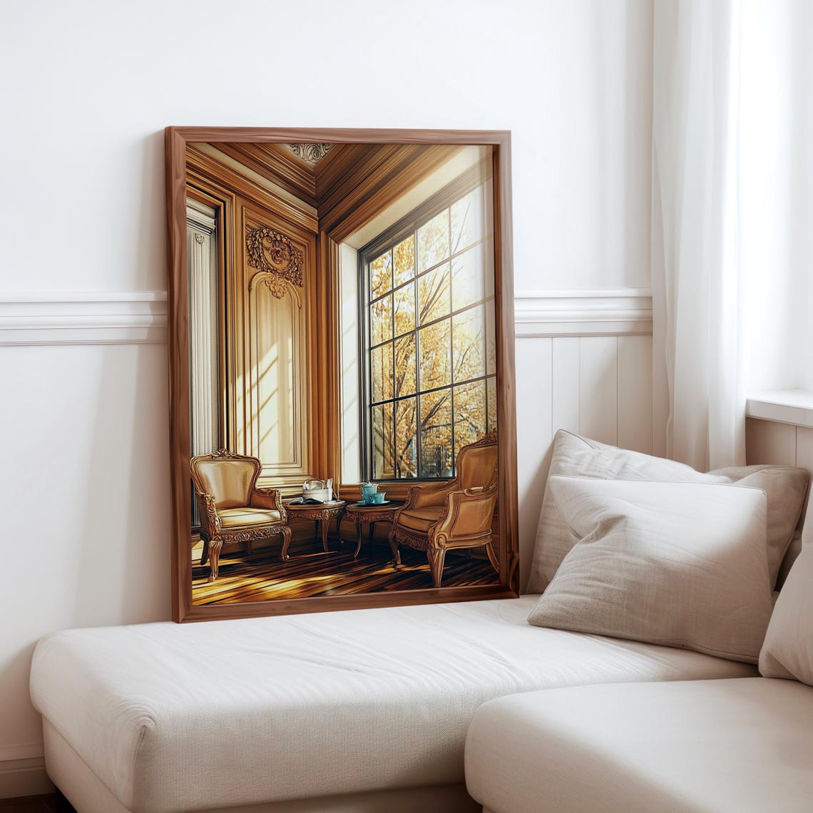 Gold Armchairs Tea Table Autumn Window Wood Paneled Room Poster