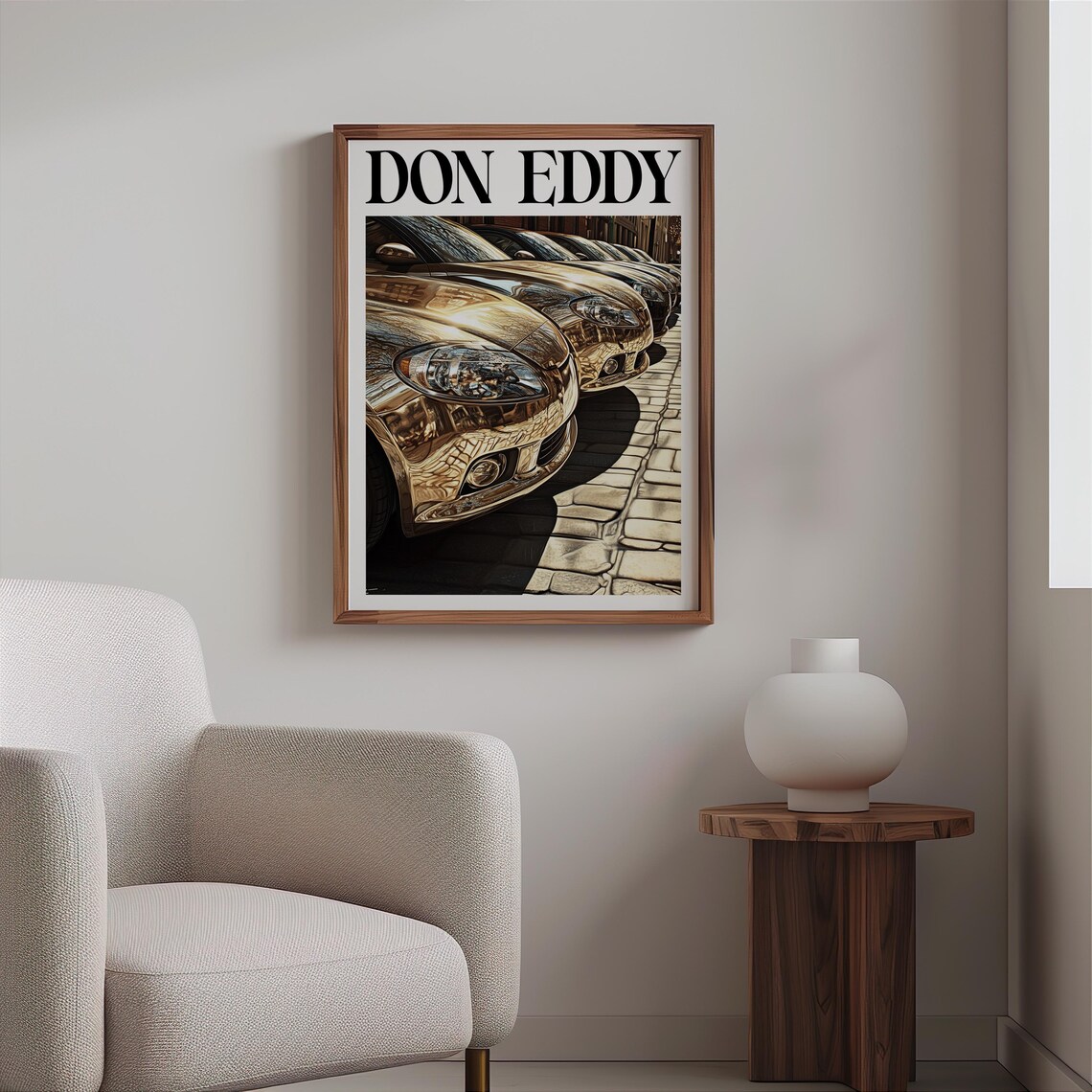 Don Eddy Inspired Row Of Golden Chrome Cars Cobblestone Street Poster - Image 2