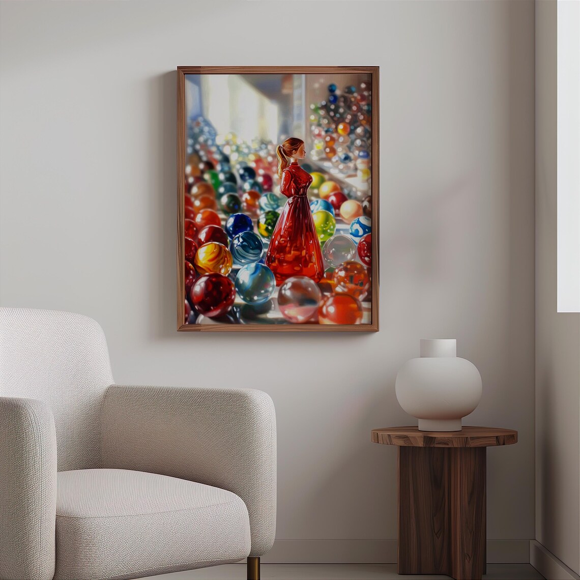 Woman Red Dress Colorful Glass Marbles Whimsical Photorealism Poster - Image 2