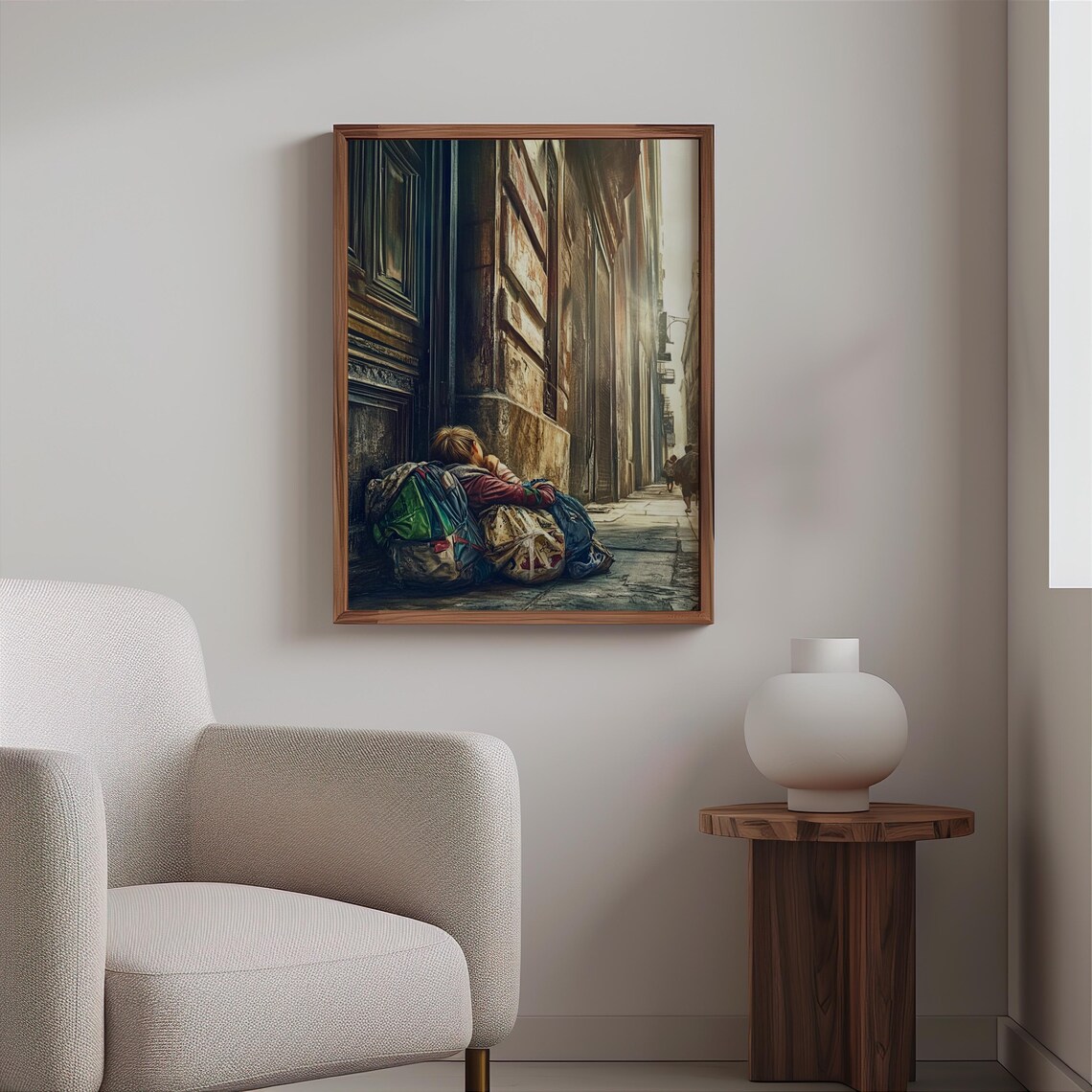 Sleeping Child Street Bags Doorway Golden Light Photorealism Poster - Image 2