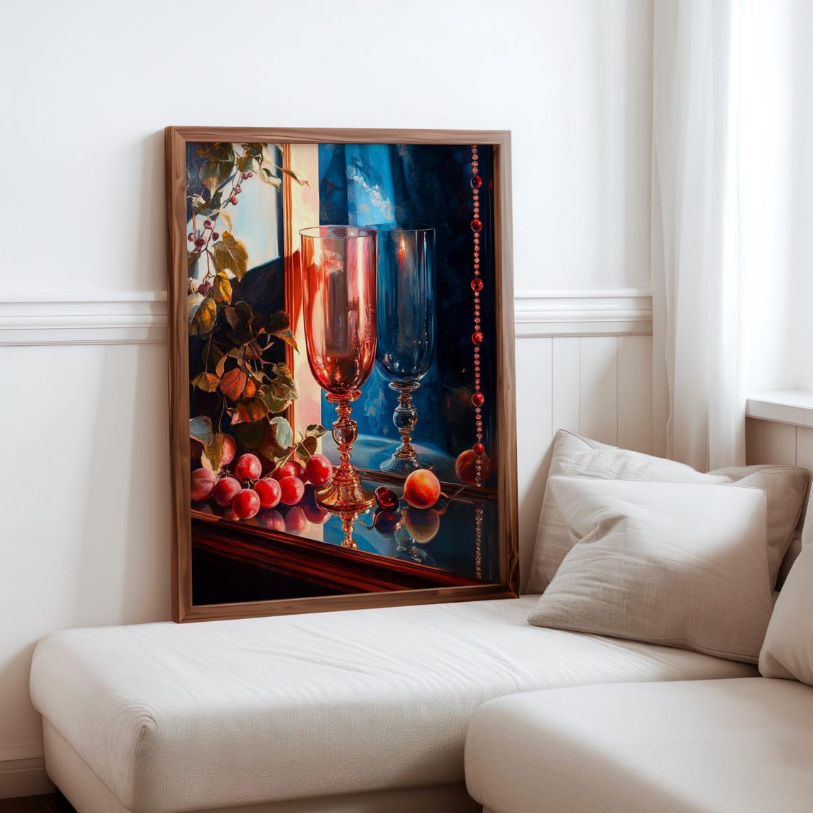 Tall Red Blue Stemmed Goblets Berries Vines Still Life Art Print