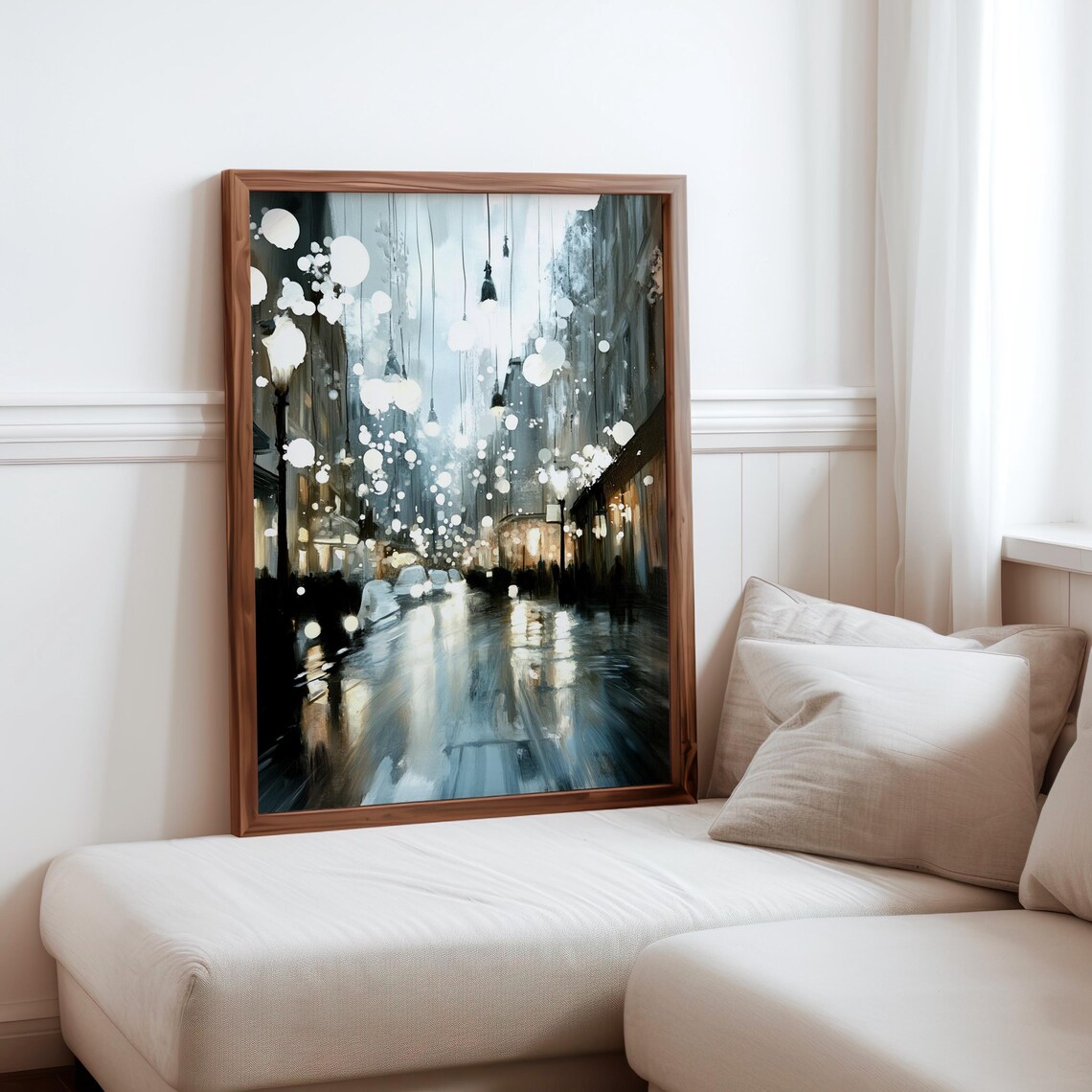 Rain Soaked Evening Street Hanging Lights Bokeh Reflections Art Poster