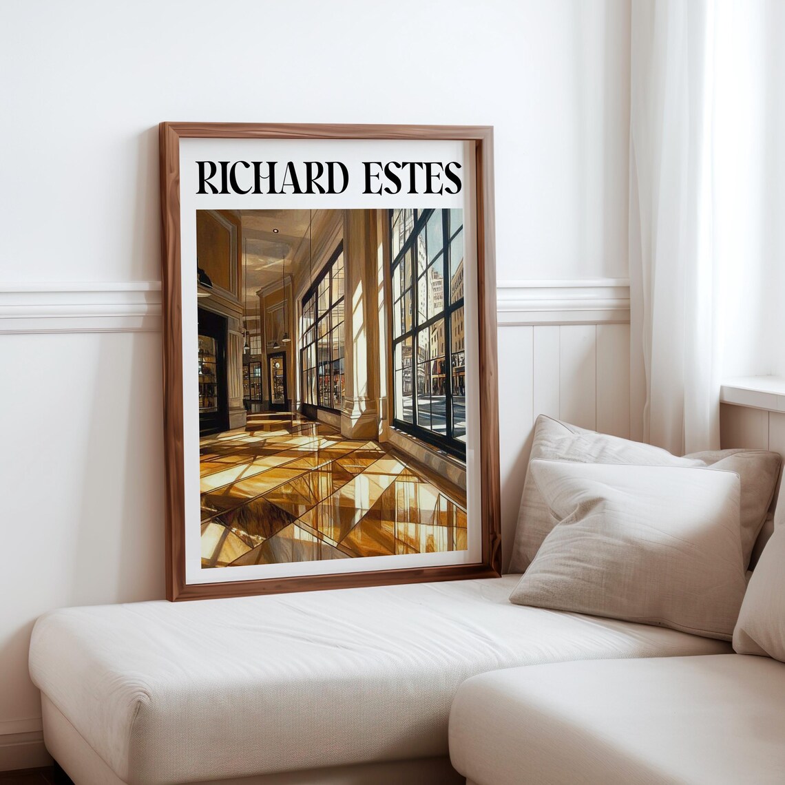 Sunlit Marble Hall Amber Glass Floor Photorealism Interior Art Poster