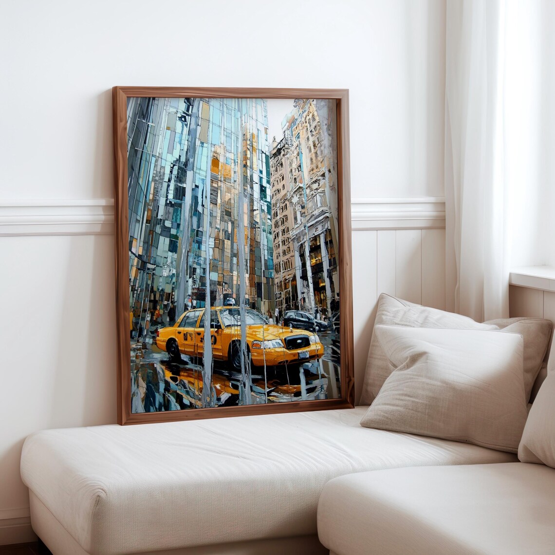 Yellow Taxi Wet City Street Glass Building Reflections Art Poster